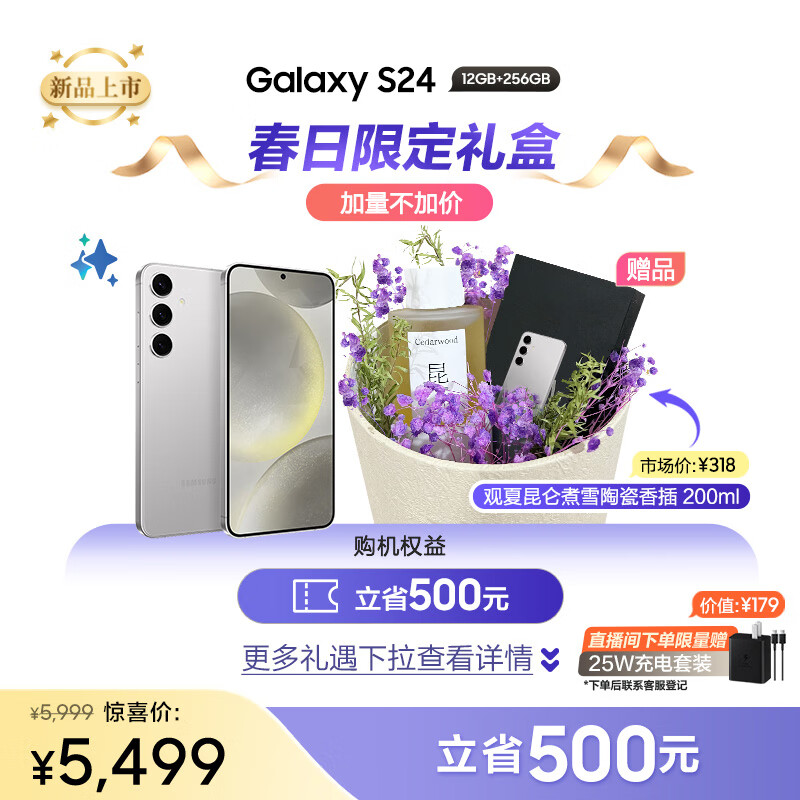 三星Galaxy S24  观夏香薰礼盒 Al智享生活办公 智能修图建议 12GB+256GB 雅岩灰 5G AI手机