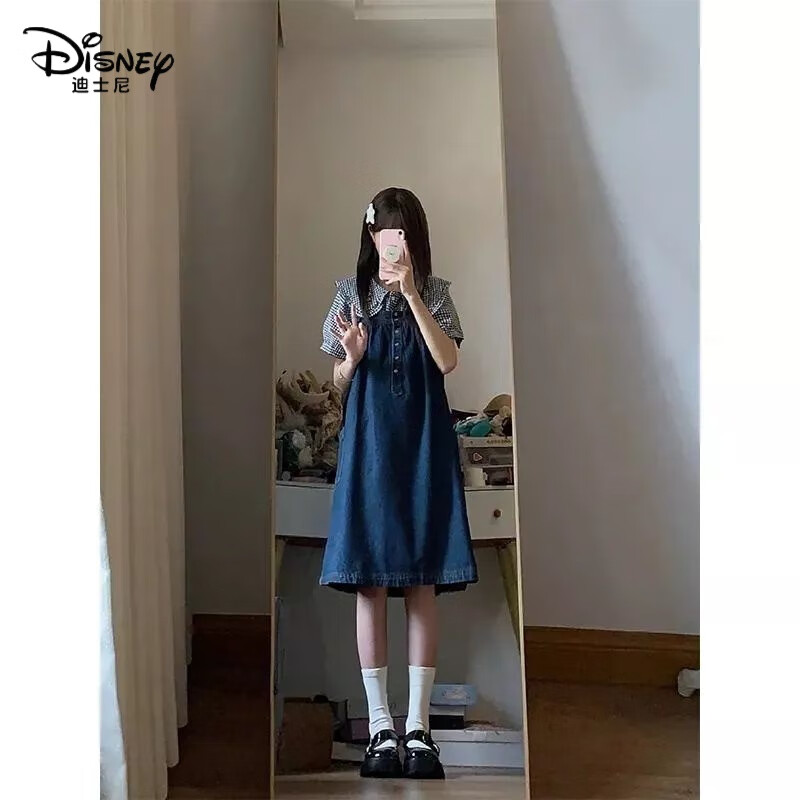 迪士尼（DISNEY）女大童10-19歲初高中女學(xué)生牛仔背帶連衣裙搭娃娃領(lǐng)繡花格子襯衫 格子襯衫+牛仔背帶裙629# 170 碼建議體重100-120斤