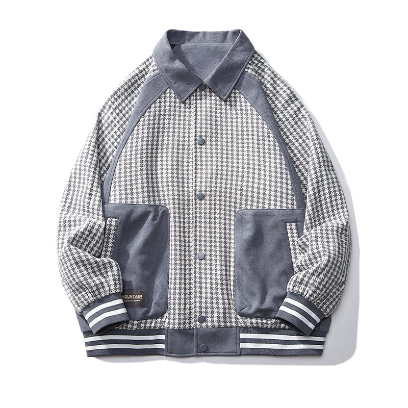 NASA RHUDE千鸟格麂皮绒秋冬外套男士潮牌上衣棒球服痞帅新款夹克拼接格子 深灰色 3XL