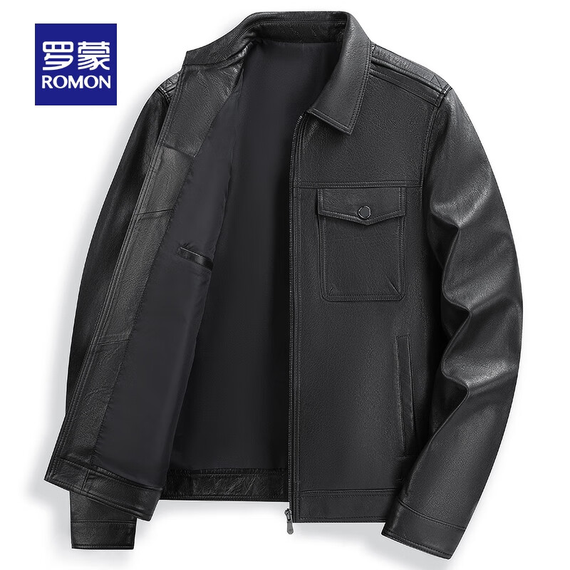 罗蒙（ROMON）【绵羊皮】男士真皮皮衣春季新款中青年商务休闲翻领外套男 黑色 L (175)(建议125-140斤)
