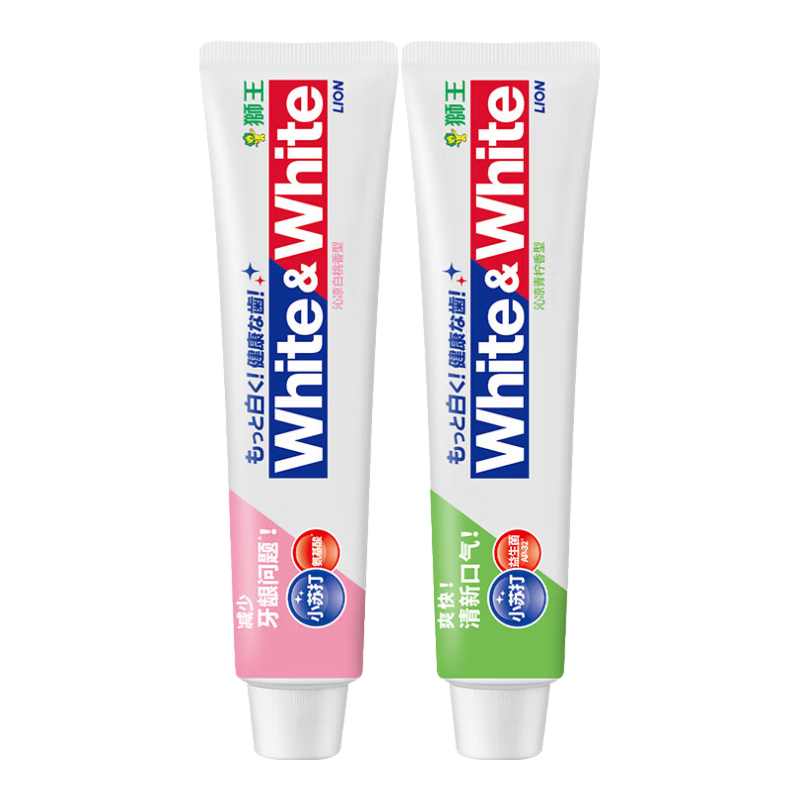 獅王(Lion)獅王大白葡萄柚小蘇打牙膏 美白牙膏 淡化牙漬亮白 氨基酸白桃120g+益生菌青檸120g