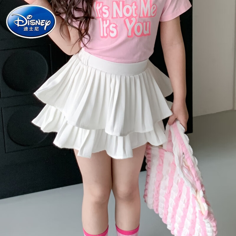 迪士尼（Disney）女童百褶蛋糕裙2024春夏新款女童白色半身短裙宝宝蓬蓬裙公主裙裤 白色 百褶裙裤 100cm