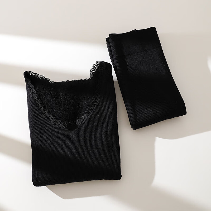 佧森滋秋冬保暖内衣套装加绒加厚一体毛圈修身圆领花边女士秋衣秋裤 黑色 均码