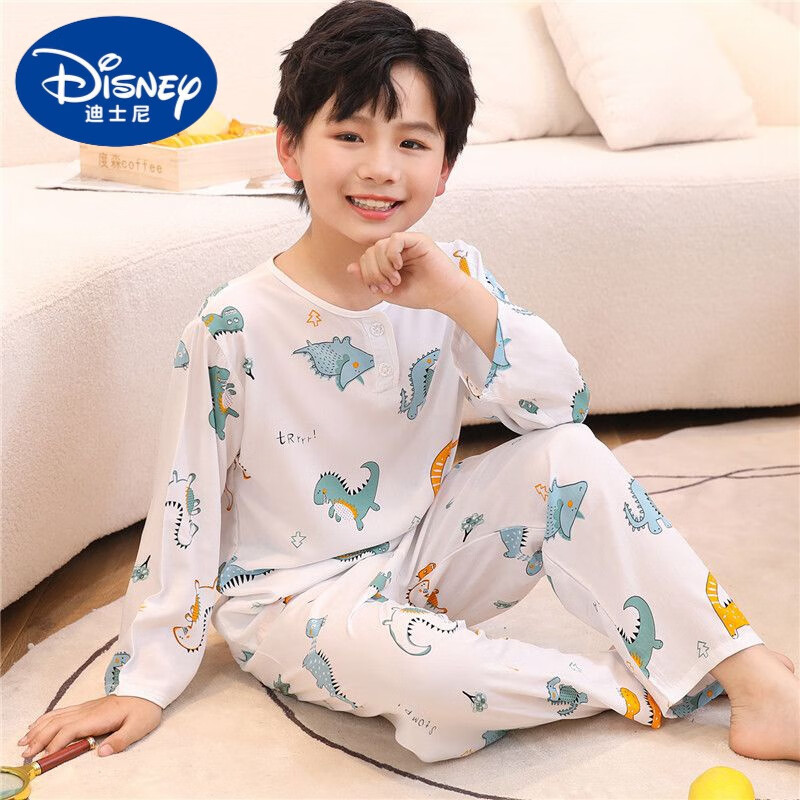 迪士尼（Disney）夏季儿童绵绸睡衣男孩女童空调服薄中长袖棉绸宝宝套装家居服 双长胖胖龙 XXL码数建议穿170cm