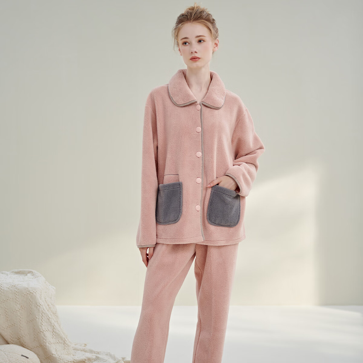 绮瑞女士家居服秋冬女复合绒加厚睡衣休闲时尚高级感珊瑚绒套装大码 灰蓝 2XL (适合140-160斤)