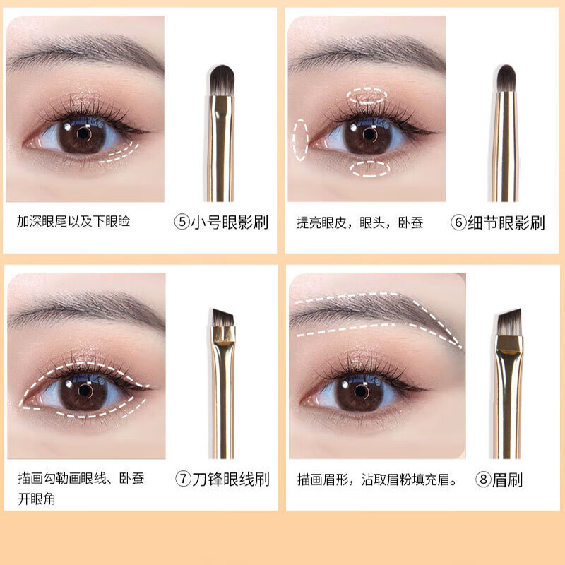 YAHLIGS初学者彩妆眼影刷化妆刷套刷美妆工具羊毛刷眼部刷卧蚕刷 送老婆 鎏金眼部刷 8支 +刷包