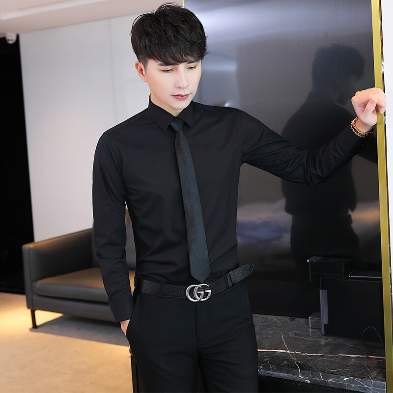 英皇保罗黑色衬衫男士长袖西服内搭衬衣秋季商务休闲正装免烫弹力