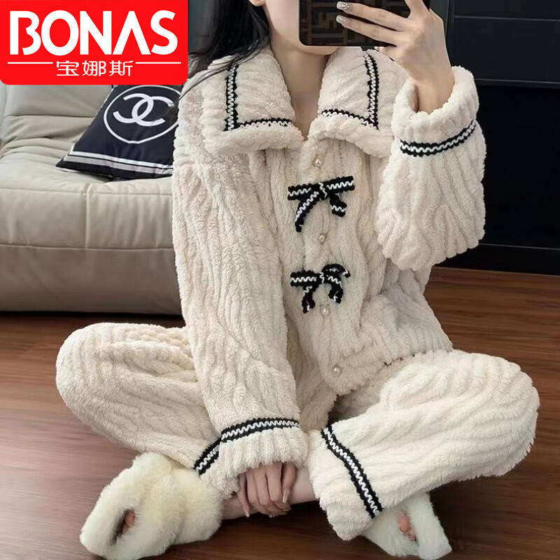 宝娜斯（BONAS）法兰绒绒睡衣两件套女士秋冬季加厚加绒保暖可爱毛绒宽松家居 小香蝴蝶结-套装 L 码(建议90-120斤)