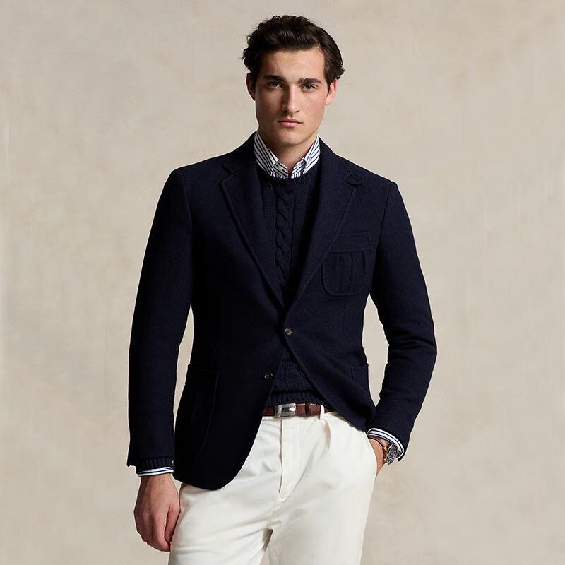 lauren)男装 字纹棉混纺羊毛单排扣西服 时尚商务休闲西装外套 海军蓝