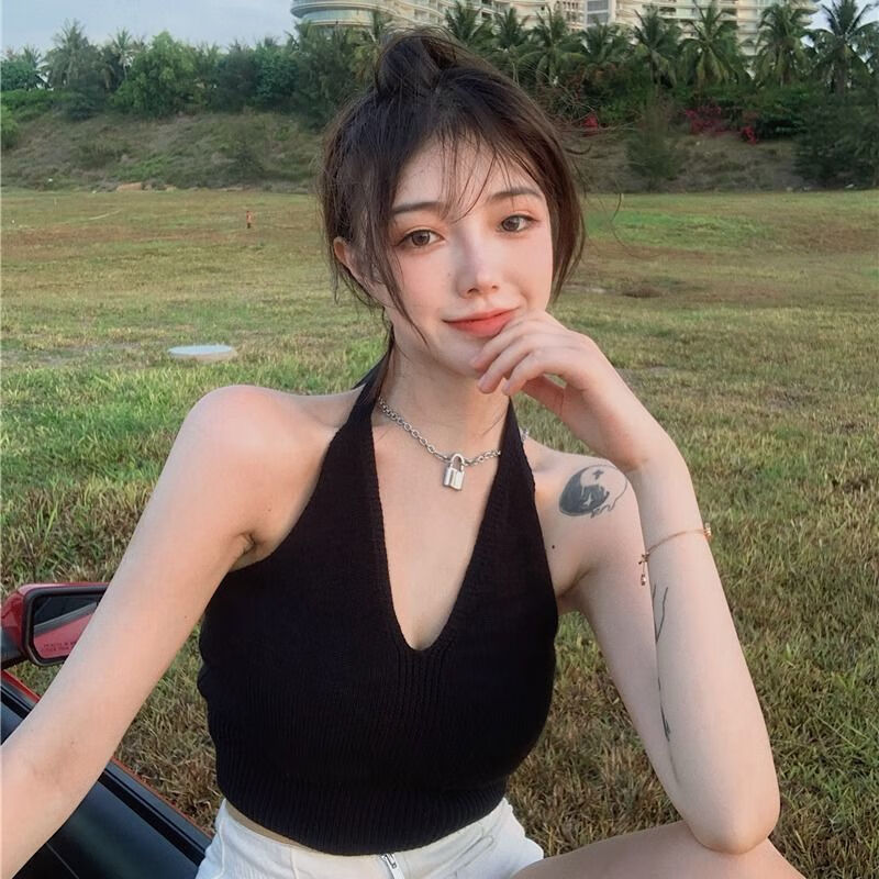 怡曼芙针织小吊带背心女夏季内搭打底衫挂脖裹胸辣妹性感ins潮外穿上衣 黑色 均码 -建议85-130斤