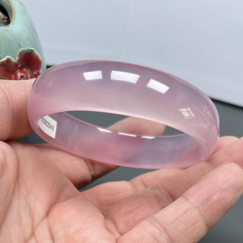 石俞记天然薄款西安冰花芙蓉玉手镯女款时尚宽条藕粉色玛瑙玉髓蓝田