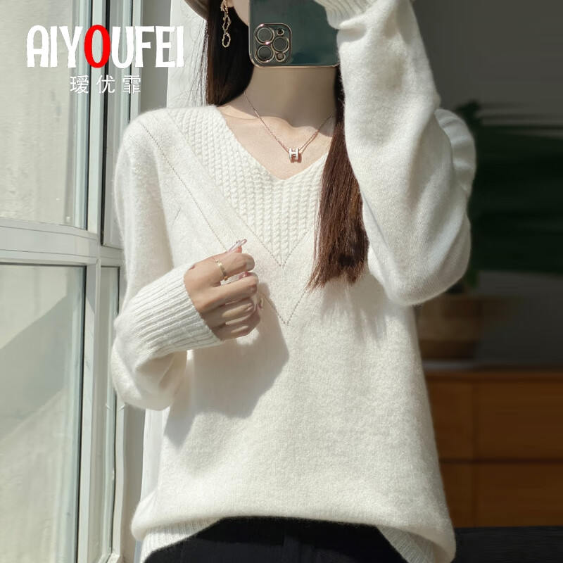 瑷优霏(aiyoufei)针织衫女套头薄款V领长袖T恤春秋装新款大码毛衣宽松鸡心领打底衫 图片色 暖白色 S 建议90斤左右