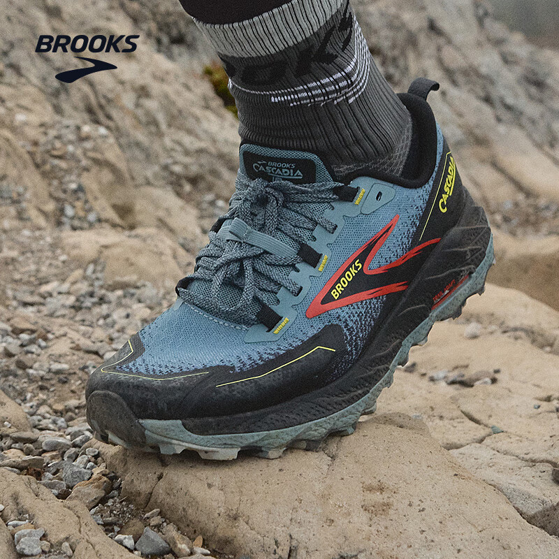 布鲁克斯（BROOKS）越野跑步鞋男女舒适户外徒步缓震耐磨跑鞋Cascadia 18 山岩 男款 城堡蓝/乌木色/柠绿 43