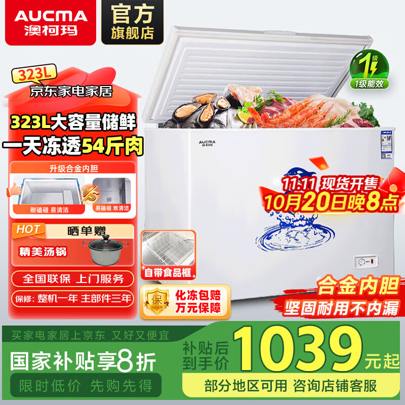 澳柯玛（AUCMA）323升家用商用卧式阻霜盒大冷柜 一级能效冷藏冷冻转换 低噪节能顶开门冰柜 BC/BD-323NE 323L