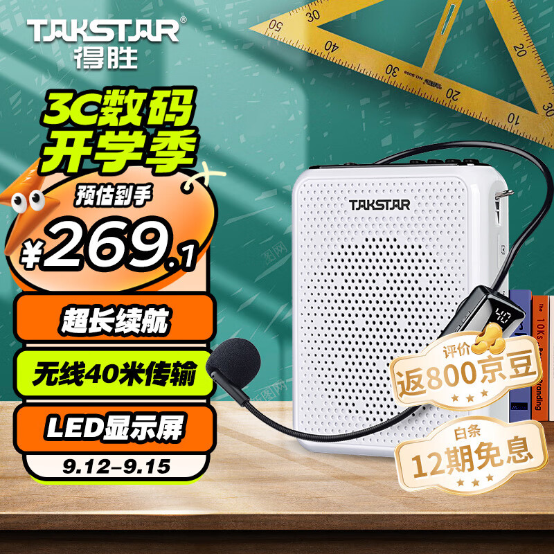 得胜（TAKSTAR）E300W 无线小蜜蜂扩音器教师专用大功率喇叭导游蓝牙小音箱FM收音机 白色