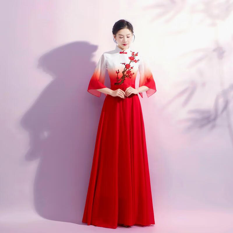 欧黛秀独唱演出服女礼服朗诵成人合唱服民乐合奏服装古筝合唱 红色 s