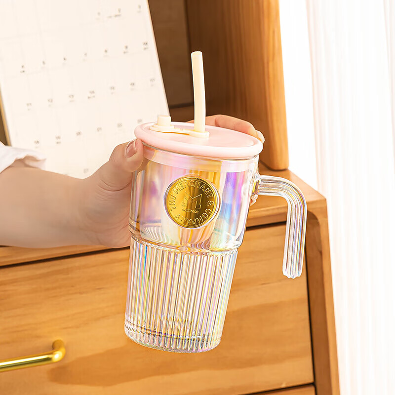 乐唯诗（LOVWISH）ins风大容量带盖带吸管竖条纹玻璃杯高颜值冷饮杯果汁咖啡杯水杯 乐美吸管杯【琥珀】530ml1只