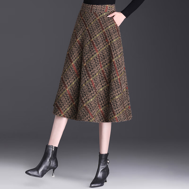 百丽尚熙2024水貂格子半身裙高腰秋冬新款字裙显瘦蓬蓬垂感裙子时尚