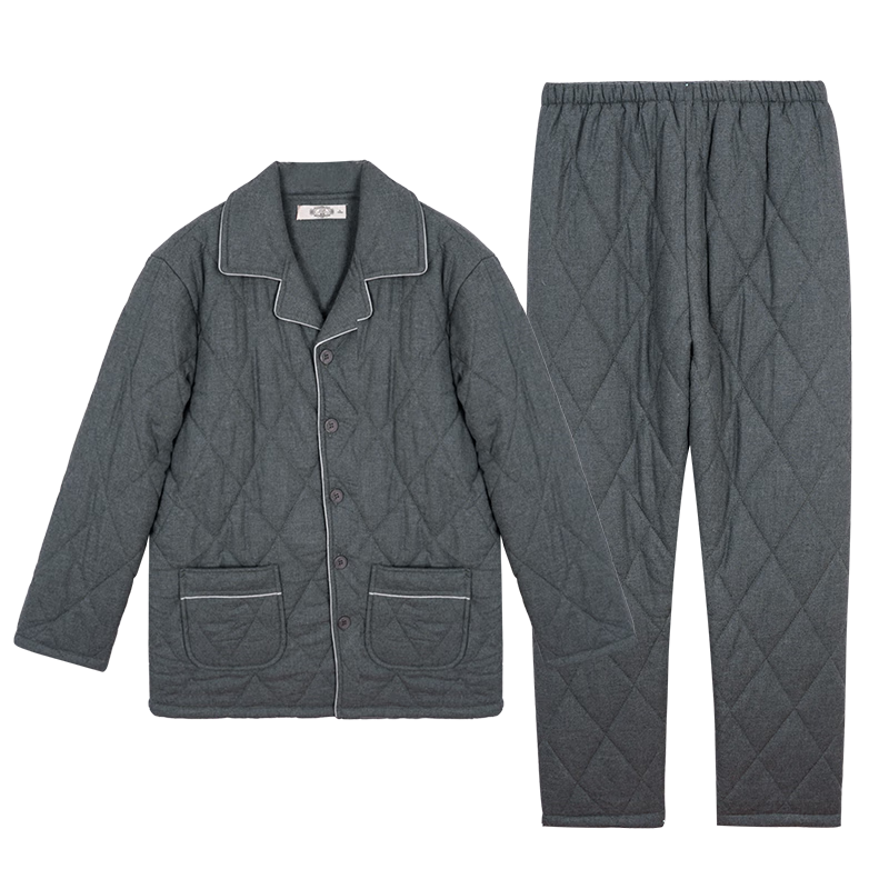 美標(biāo)冬季情侶睡衣純棉夾棉三層加厚保暖女士家居服套裝男士 暗影灰2XL