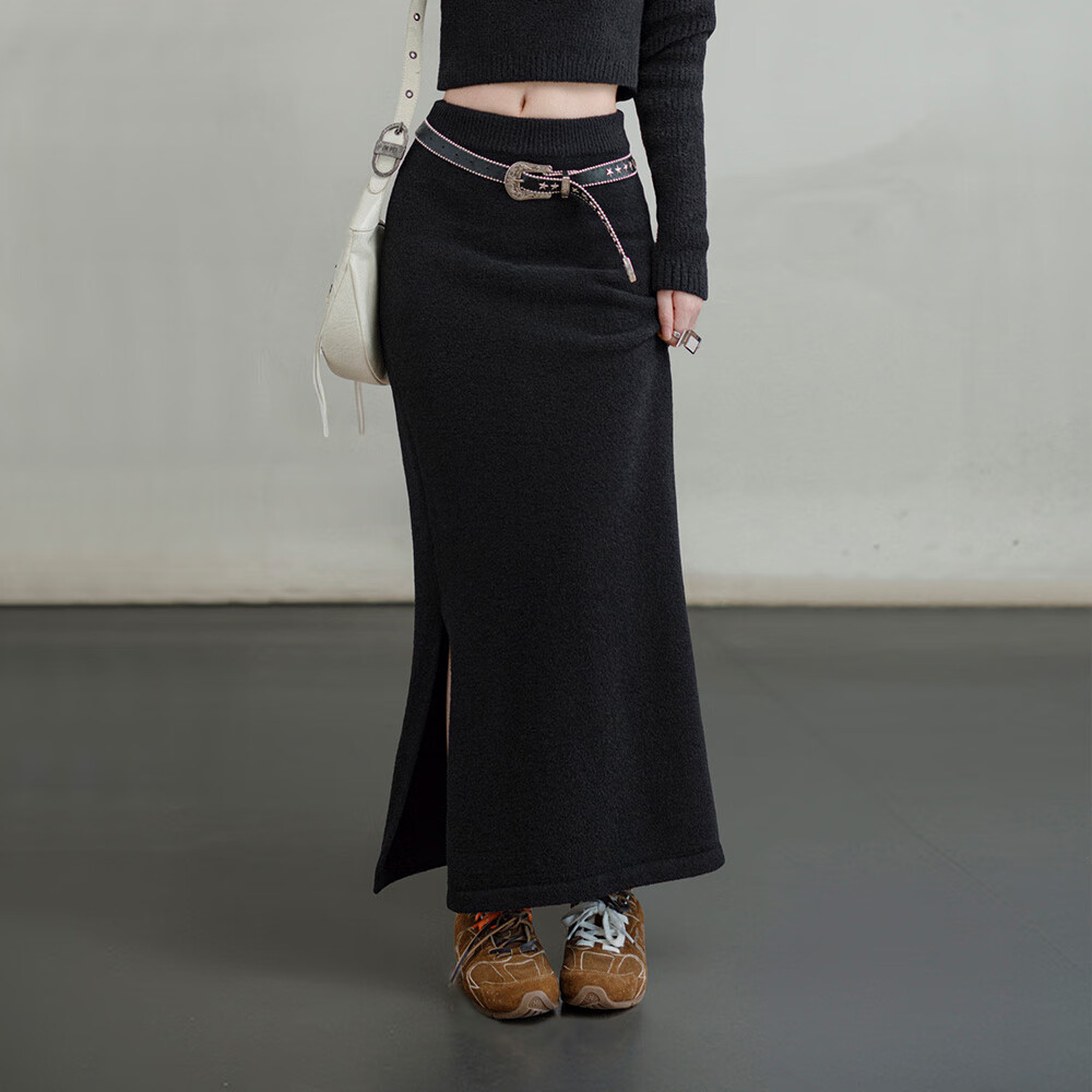 马登针织半身裙设计感修身显瘦开叉包臀裙A字一步长裙春季女 深邃黑 M