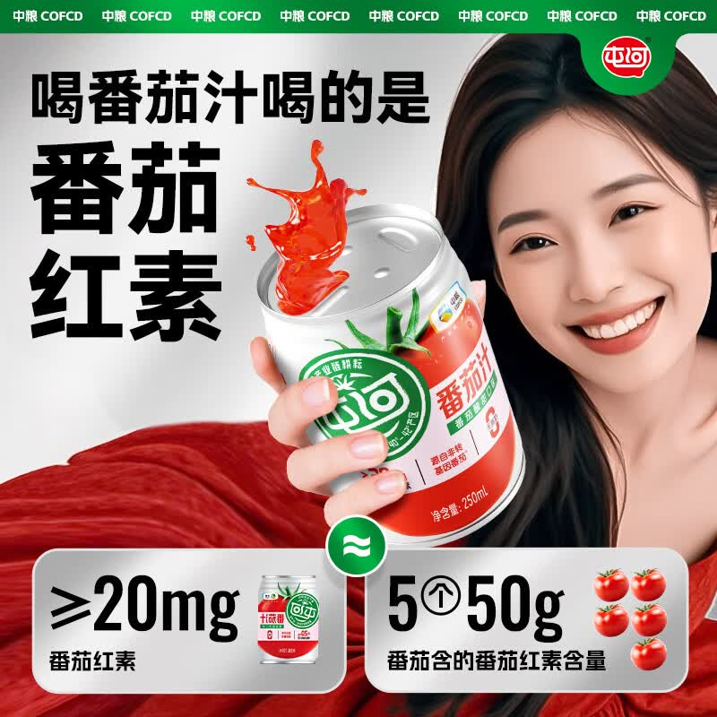 屯河100%番茄汁纯果蔬汁不添加白砂糖西红柿汁代餐饮料轻食营养 250mL*6罐