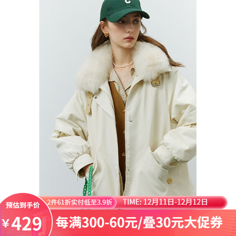 蓝恩22fs4126狐狸毛领仿皮草外套女秋冬季2022新款工装派克服 米杏色