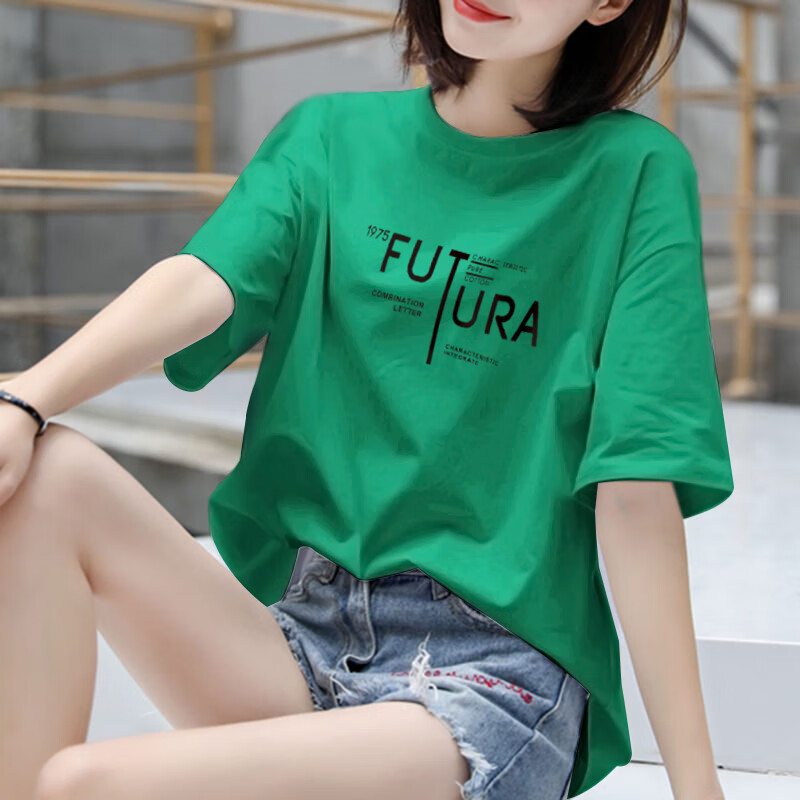 橦舟渡允硕女装2024新款春装夏新款欧一坊短袖减龄印花in 绿色1975