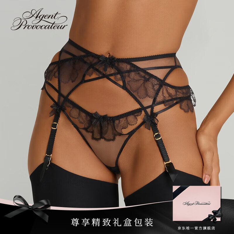 Agent Provocateur蕾絲邊薄紗吊襪帶KISSIE女士性感絲襪固定腰帶AP內(nèi)衣 黑色 1/XS