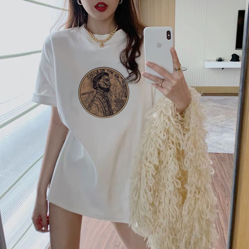 女装韩版中长款短袖t恤女宽松纯棉上衣夏季新款体恤200斤 白色:人头像