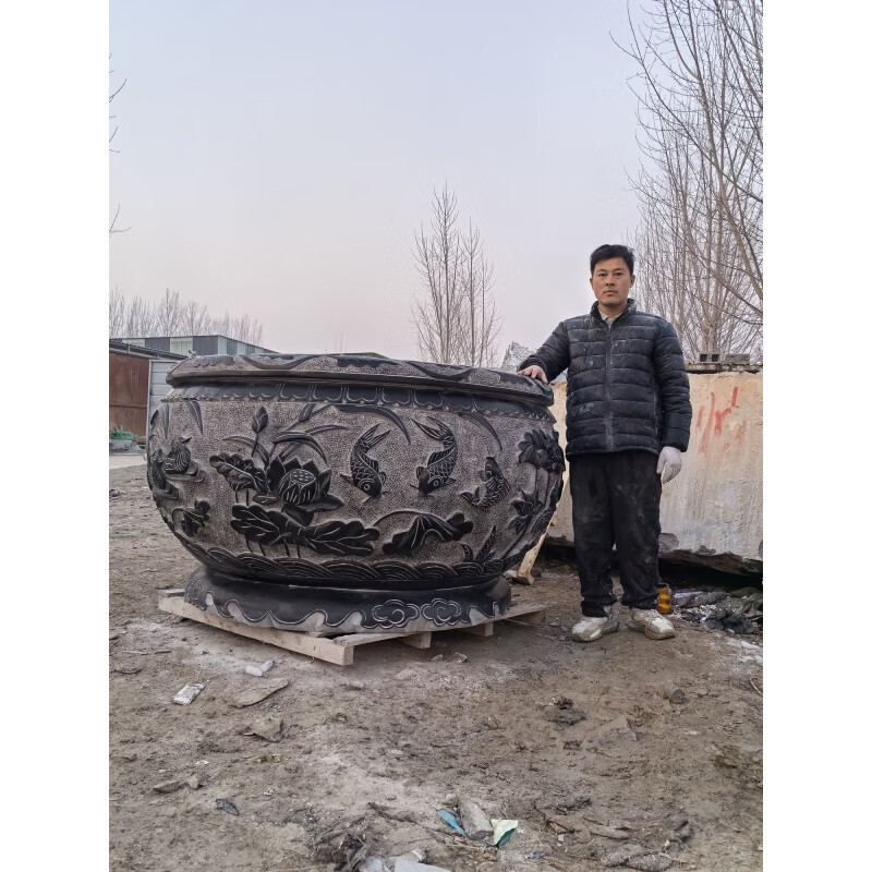 水缸庭院魚(yú)缸石雕花盆門(mén)海仿古天然青石大荷花缸戶(hù)外流水種花石缸 直徑180厘米