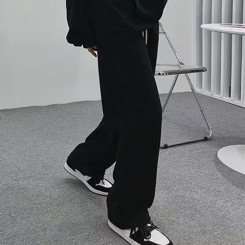迪伽达美式高街牛仔裤男装春夏潮ins宽松阔腿长裤直筒裤黑色休闲裤子男 DFFS-636黑色 常规 抽绳款 L 【建议115-130斤】