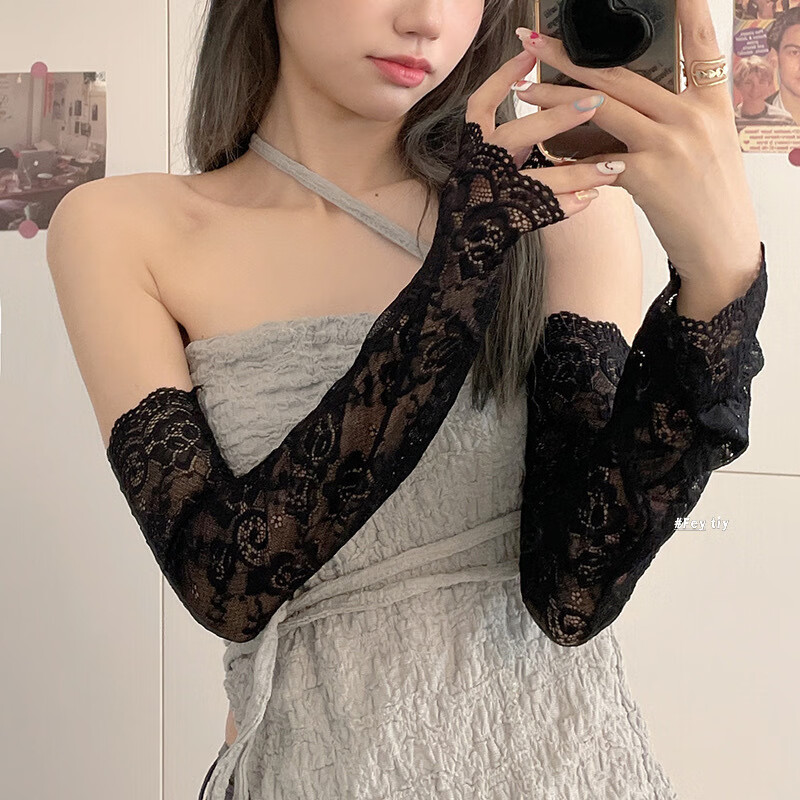 路林狼 l夏季蕾丝冰袖甜美百搭开车防晒袖套护臂遮疤痕假袖子 黑色