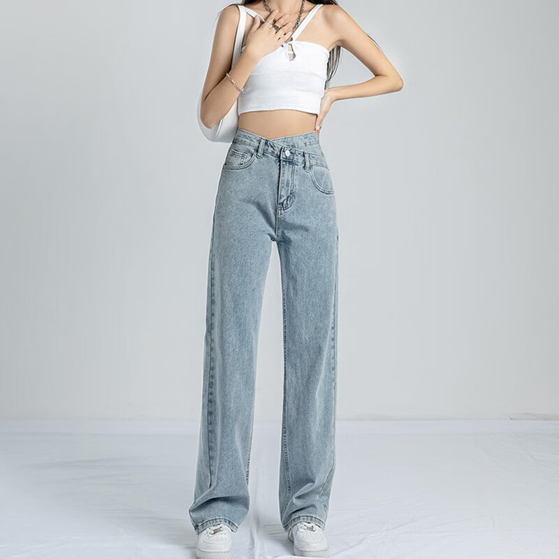露可柚尤美式阔腿牛仔裤女新款垂感显瘦不规则宽松拖地直筒牛仔裤 浅