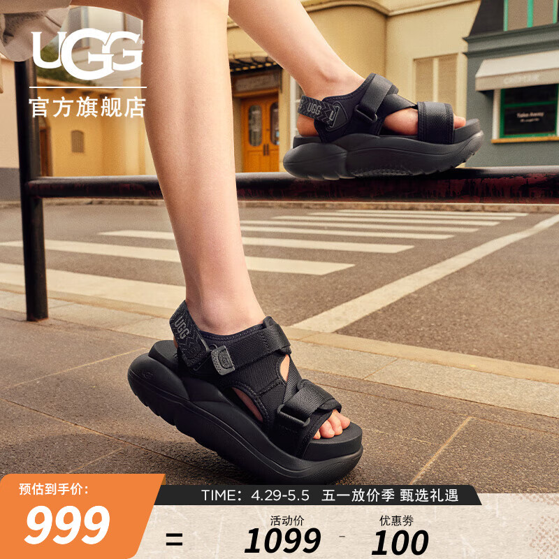UGG夏季新款女士休闲舒适厚底露趾时尚魔术贴设计凉鞋 1152688 BLK | 黑色 36