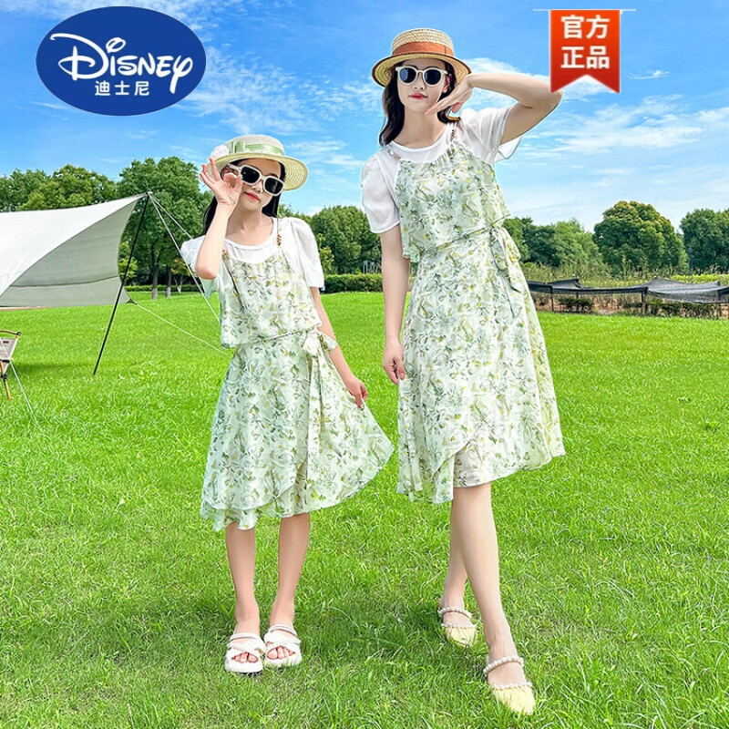 迪士尼（Disney）亲子装夏季连衣裙2024新款亲子时装韩版碎花女 绿色 110cm