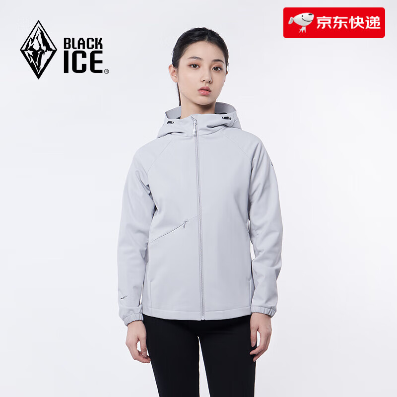 黑冰（BLACKICE）春秋戶(hù)外運動(dòng)軟殼衣女防風(fēng)防潑水加絨連帽外套休閑夾克 灰白 S