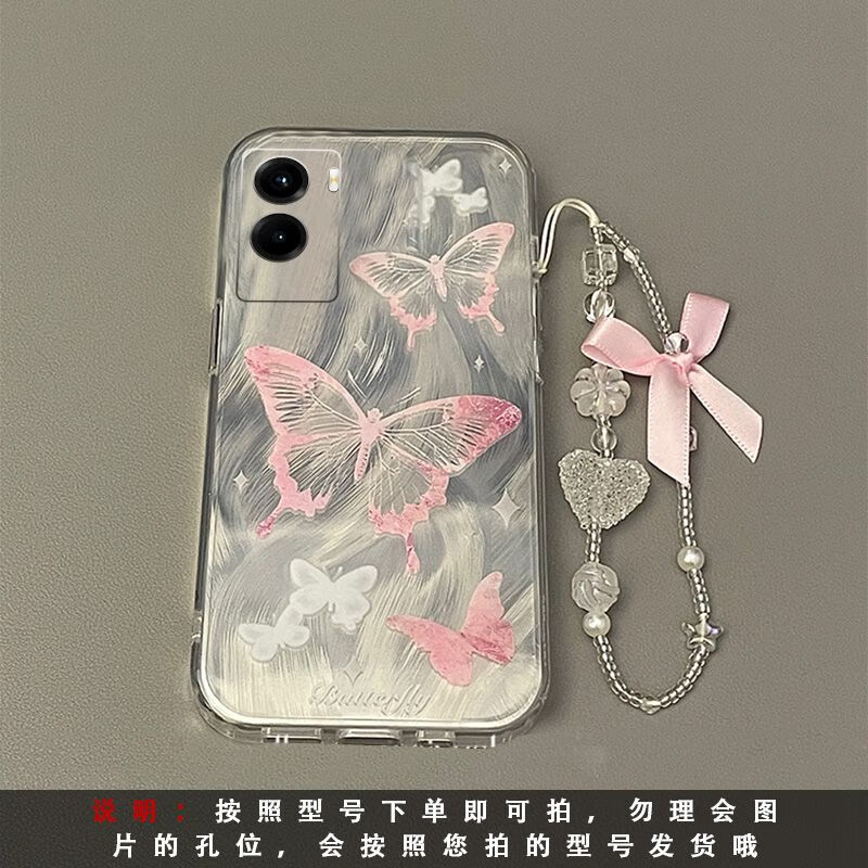 妙之选适用vivoz3x手机壳y75s韩系y73粉色y83a蝴蝶y81感u1软v9vovo 透明-粉蝴蝶Q5541+羽纱卡片+绳链 vivo Y55s