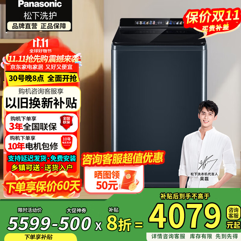 松下（Panasonic）波轮洗衣机全自动12公斤大容量除菌除螨羽绒内衣洗衣机彩屏不弯腰XQB120-U2F1以旧换新国