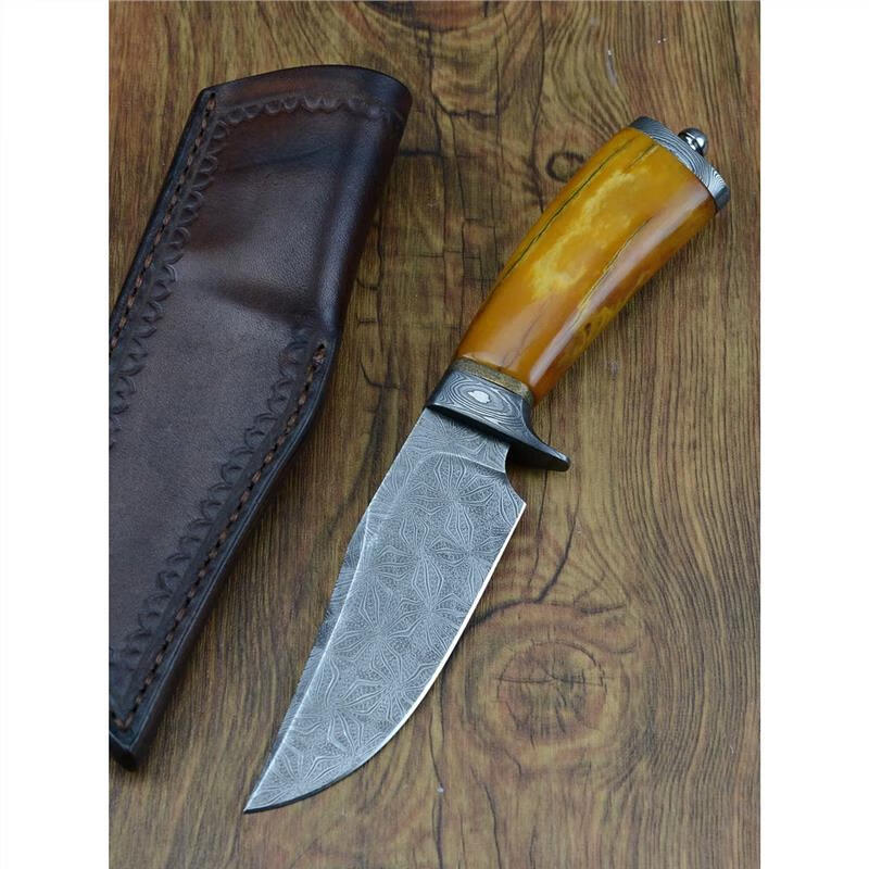 雨轩户外马赛克纹大马士革短刀手工小刀名师作品手工锻造制作户外直刀