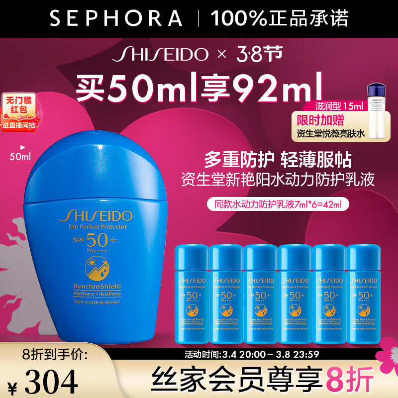 资生堂（Shiseido） 新艳阳夏臻效水动力防护乳液 蓝胖子防晒乳霜 防水防汗持久 买50ml 享92ml