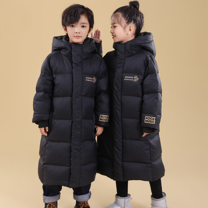 哈罗小黄鸭HAL.DUCK儿童黑金长款羽绒服男童女童过膝东北极寒亲子中大童超厚羽绒服新 黑色 120 码(建议身高110-120cm)