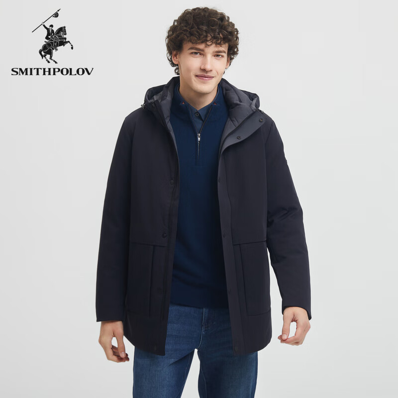 斯密特保罗（SMITHPOLOV）【鹅绒】百搭时尚简约男士商务连帽羽绒服休闲加厚保暖外套 深蓝 46