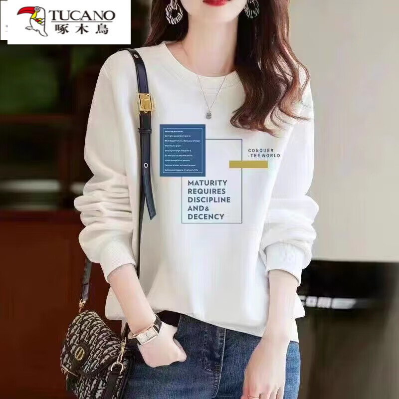 啄木鸟无帽套头薄款加绒卫衣女款2025年春秋新款宽松长袖字母印花上衣女 白色 字母框(加绒加厚) XL