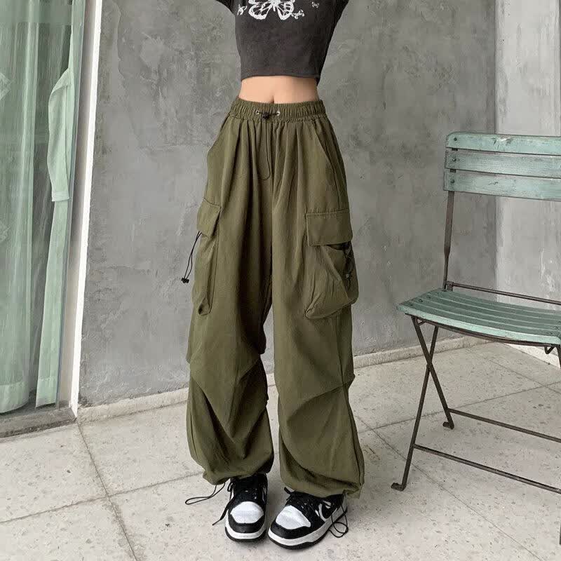 美式复古工装休闲裤女夏季百搭直筒垂感束脚长裤宽松阔腿裤子ins 军绿色 S