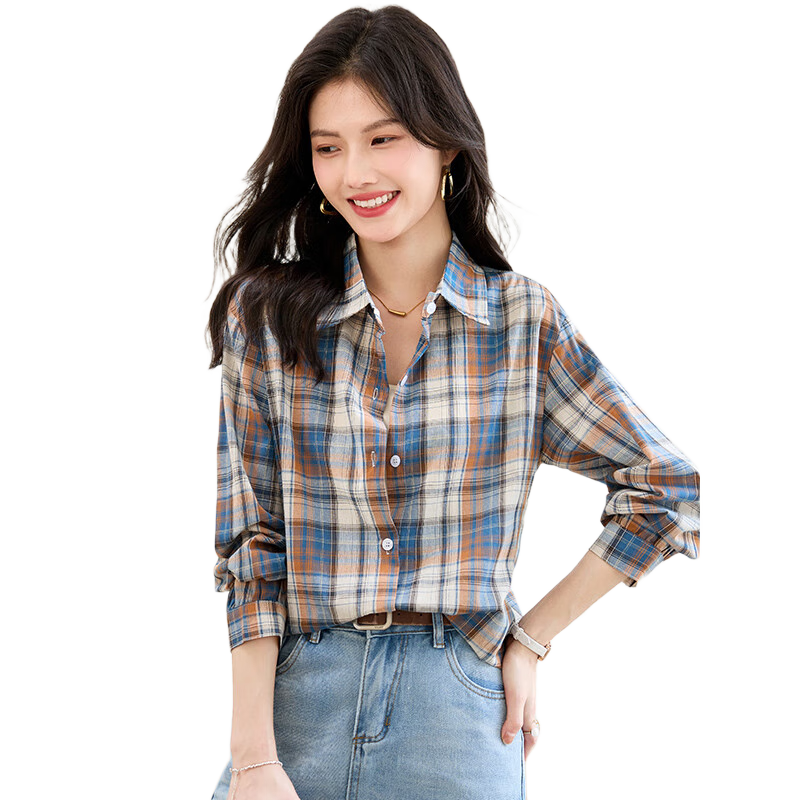 她享長袖襯衫女復(fù)古格子襯衣開衫寬松休閑襯衫外套上衣女  T143C2011