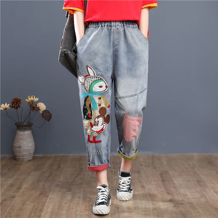 丙伦200斤松紧腰牛仔裤女秋冬新款弹力哈伦裤复古宽松牛仔七分裤女夏