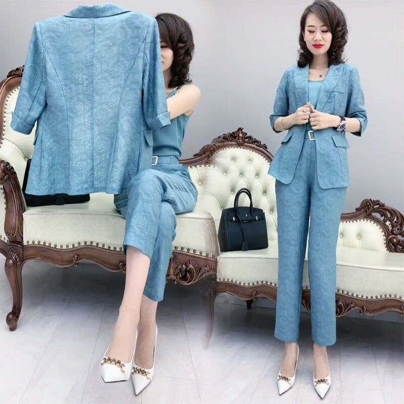 气质女夏季新款韩版显瘦西装哈 灰蓝色三件套 s参考8097斤