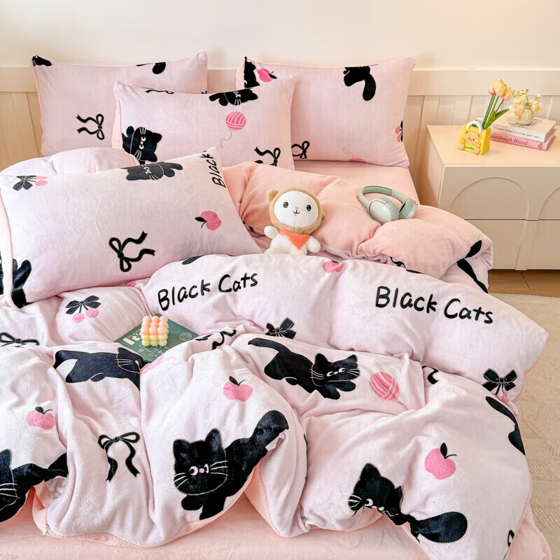 软贝小清新牛奶绒床上四件套保暖毛绒床单被套学生宿舍秋冬款三件套 炫酷黑猫 床单款 2.0m 被套200*230cm 四件套
