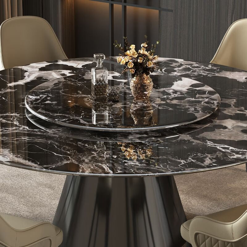 布欧格意式天然超晶石轻奢餐桌椅组合圆桌简约大理石餐桌家用饭桌带转盘 1.2米70CM转盘+4罗森椅