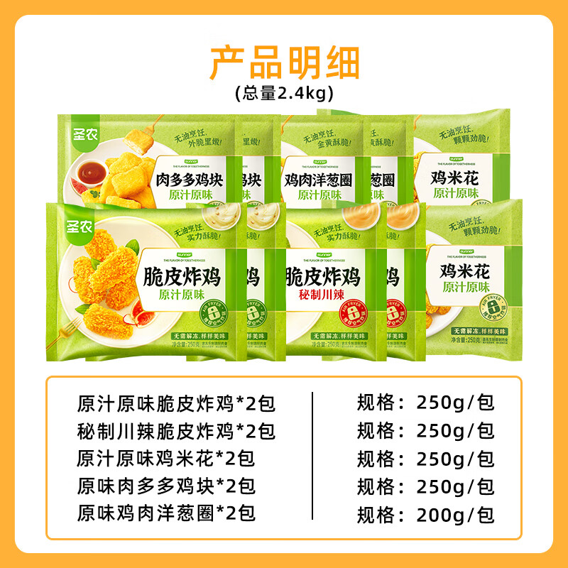 圣农脆皮炸鸡原味川辣鸡块鸡米花洋葱圈多口味组合家庭聚餐食材 原味炸鸡2+川辣炸鸡2+鸡米花2+鸡块2+洋葱圈2